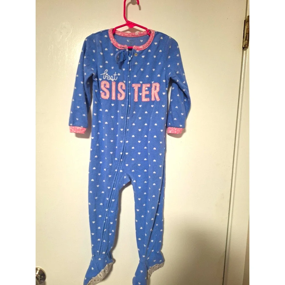 Carter's 3T Blue Hearts Fleece Footed Pajamas Best Sister One Piece Sleeper